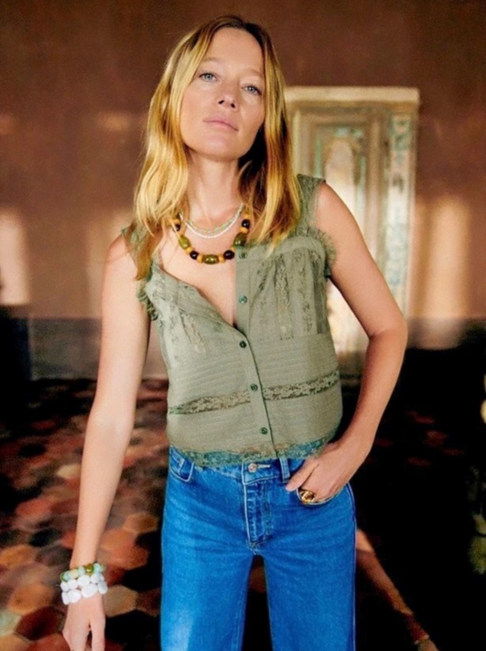 Sézane Shena Top - Lace Trim Camisole in Sage Green Size 4 NWT